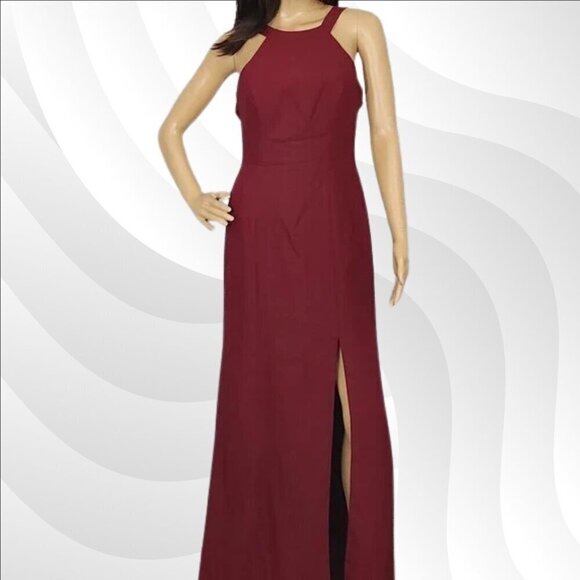 2/$50 Dessy Collection High Neck Backless Crepe Trumpet Gown Burgundy Size 4R - Picture 3 of 7